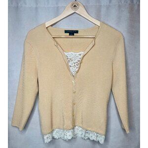 August Silk Petite PL Beige Ribbed Knit Lace Inset Silk Blend Top